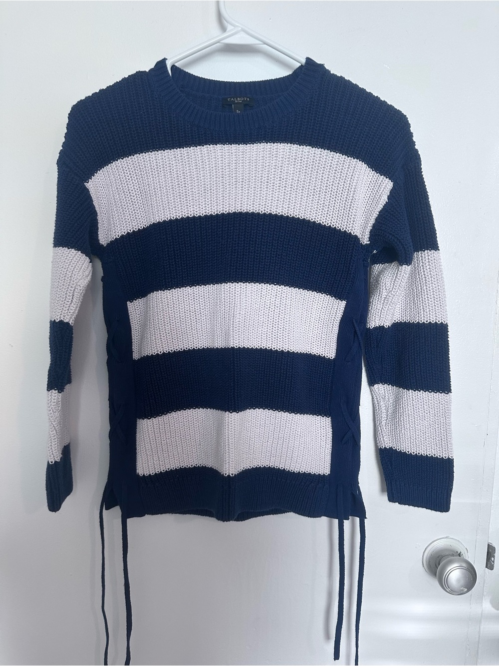 Talbots Navy and White Striped Crewneck Sweater with Side Ties